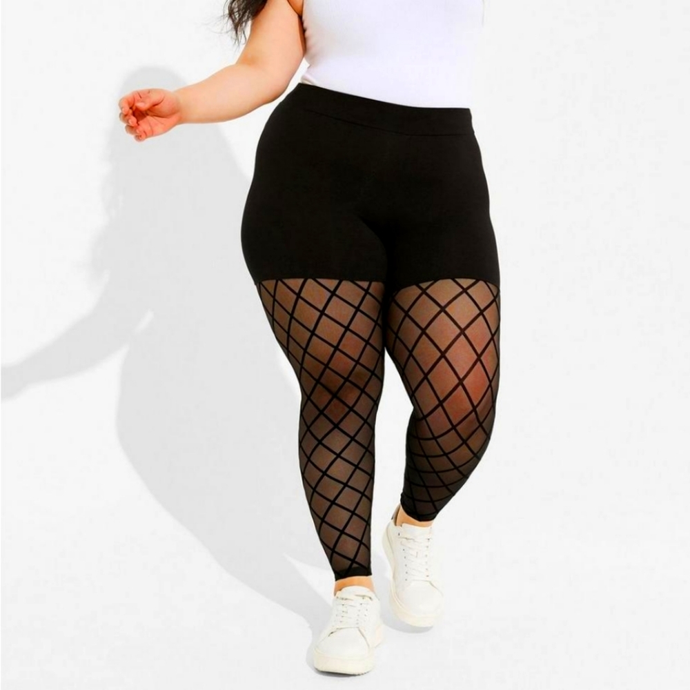 Full Length Signature Waist Flocked Legging Wide Fishnet